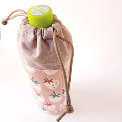 アルミ保冷保温シート 500ml巾着型ペットボトルケース カバー ホルダー お茶 飲み物 緑*いちご ミルク ピンク 4枚目の画像