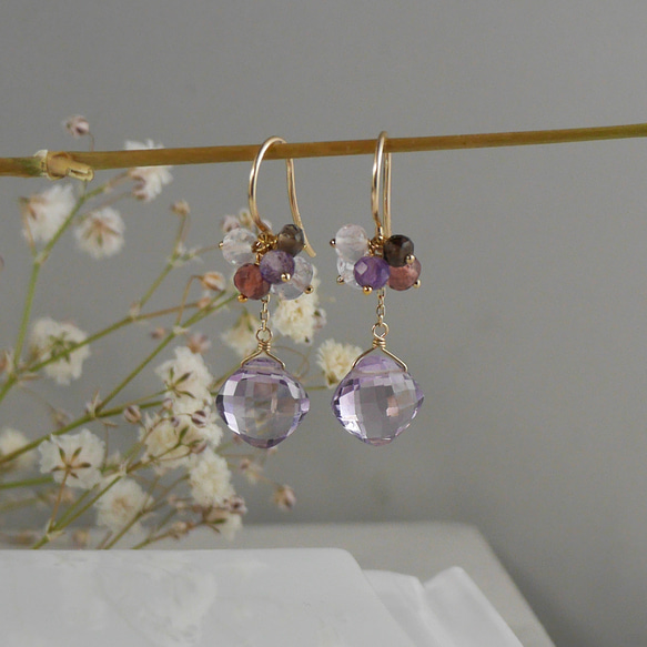 #1012 泡泡鑽石切割玫瑰紫水晶花束耳環 14KGF/K10 第3張的照片