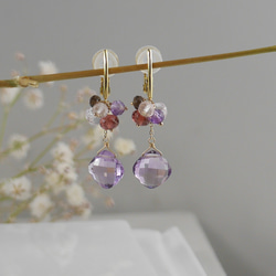 #1012E 泡泡鑽石切割玫瑰紫水晶花束柔軟觸感耳環 14KGF/K10 第5張的照片