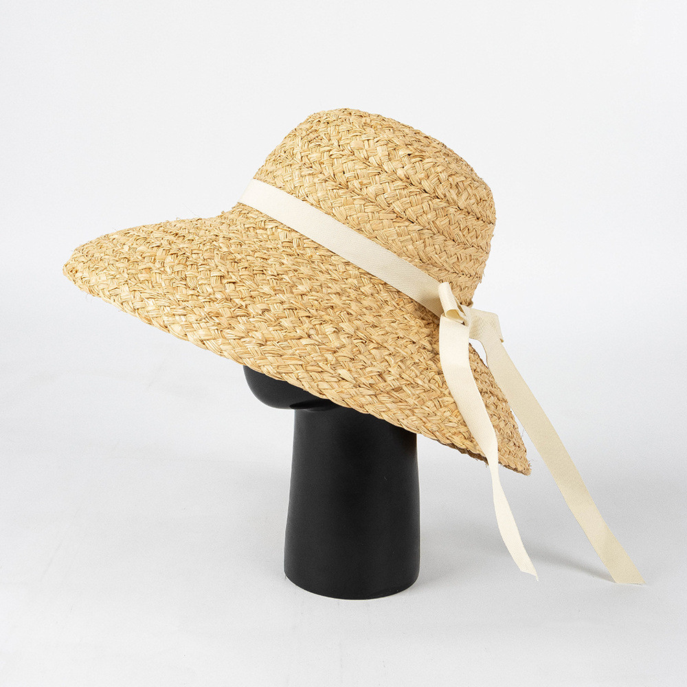 【春夏新作】ラフィア素材のリボン付き大つばストローハット、おしゃれでシンプルなビーチやアウトドアでの日焼け防止帽