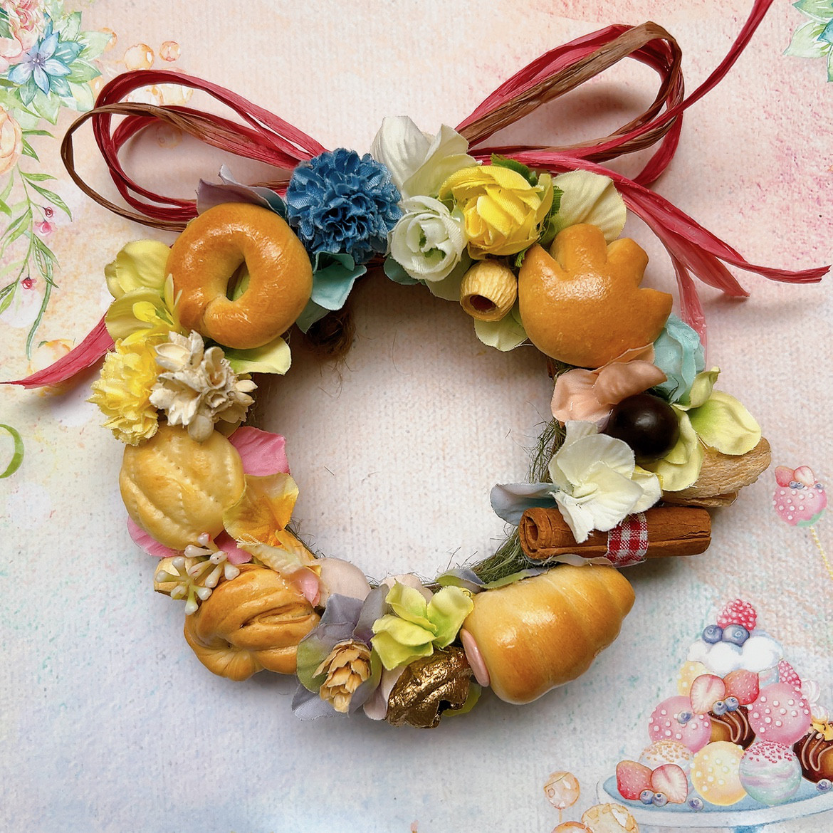 2999円〜！ハンドメイドリース♩オーダーページ 本物ミニパンとお花のアレンジリース♡ギフト アートフラワー frappan