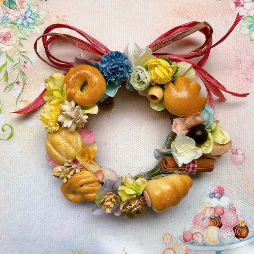 本物ミニパンとお花のアレンジリース♡ギフト アートフラワー frappan