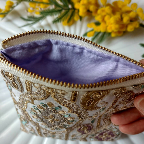 12㌢】インド刺繍ファスナーポーチ ザリ刺繍 ミニ財布 ギフト