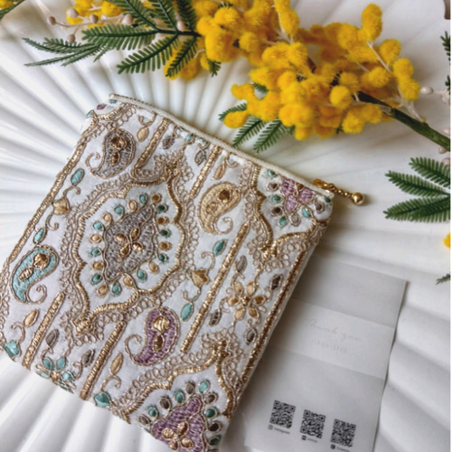 12㌢】インド刺繍ファスナーポーチ ザリ刺繍 ミニ財布 ギフト