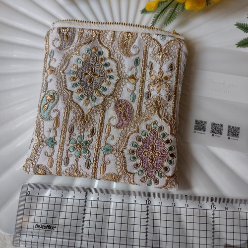 12㌢】インド刺繍ファスナーポーチ ザリ刺繍 ミニ財布 ギフト