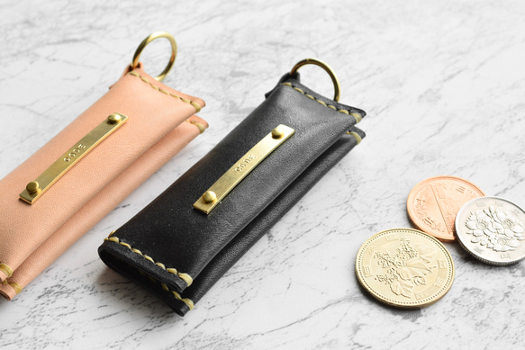 刻印無料】ミニマムコインケース 栃木レザー×真鍮 手染めブラック 小銭