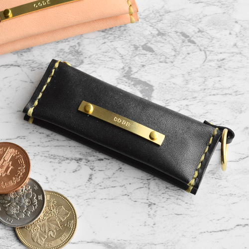 刻印無料】ミニマムコインケース 栃木レザー×真鍮 手染めブラック 小銭