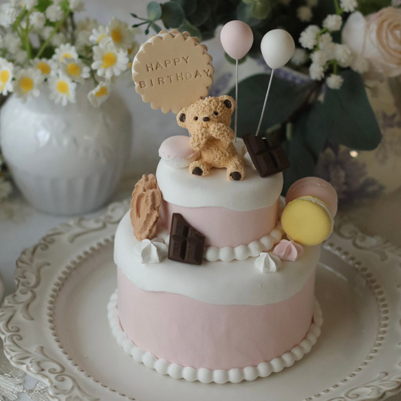 クマとお菓子のバースデー 2段クレイケーキ 　誕生日フォト撮影やお部屋のインテリアにおすすめ 人気・おすすめ｜使いやすい・旅行におすすめ 品質保証 全国発送 正規品・日本国内発送・安心保証付き