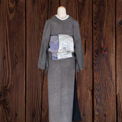 *絲綢和服翻版*成人平子腰帶，由灰色細紋和服製成的半寬腰帶。長445cm。 第6張的照片