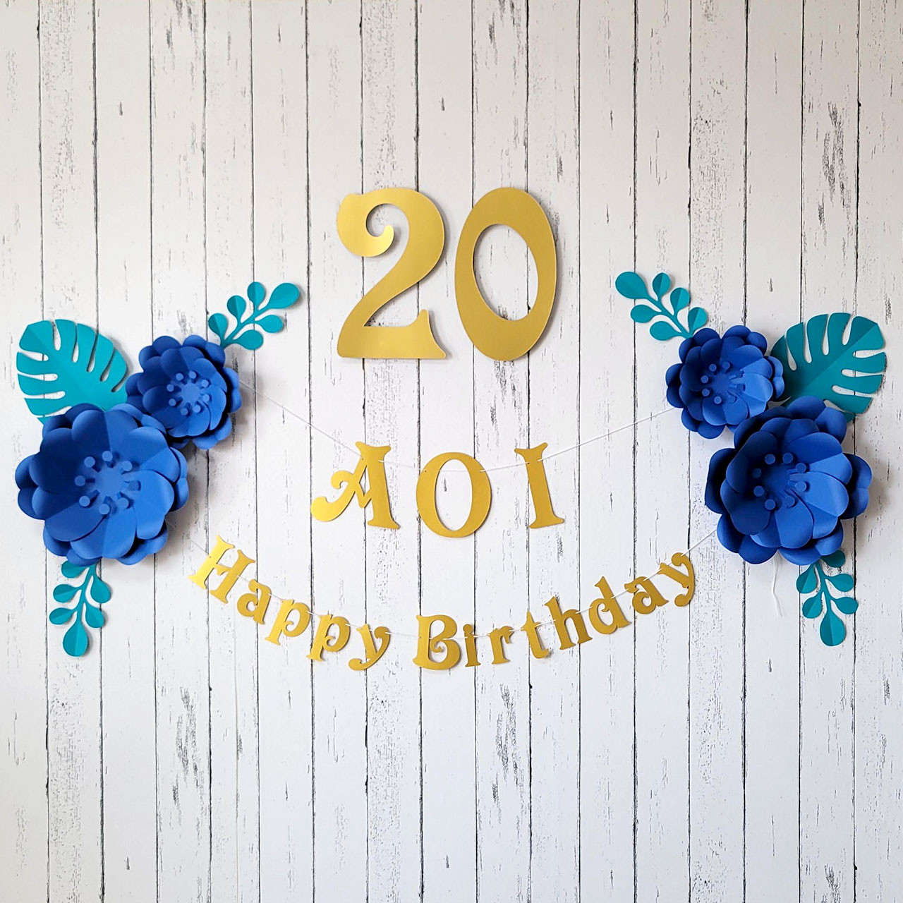 数字が選べる！ボタニカルなフラワーアーチの飾り付けセット（ブルー