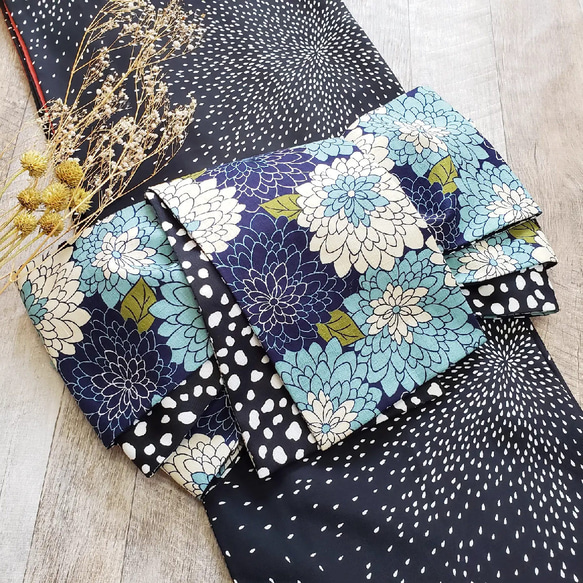 半幅帯】和ダリアにあられ /青 紺色 白 緑 水色 黒 和柄 水玉⭐送料  