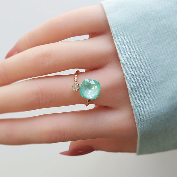 軟薄荷綠|方形優質水晶民間戒指|軟薄荷點燃可愛的春天色彩 第2張的照片