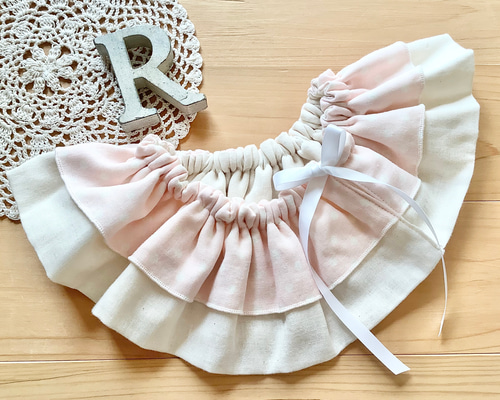 ハンドメイド フリルスタイ ベージュチェック×ポコポコガーゼ