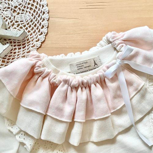 フリルガーゼスタイ＊リボン＊つけ襟＊オーガニック＊ピンク水玉