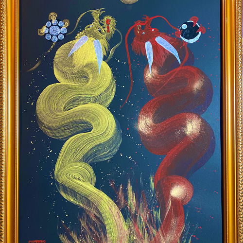 ☆ HaRu 辰年 龍 竜 富士山 縁起物 1点物 真作 原画 絵画 油絵 ♪
