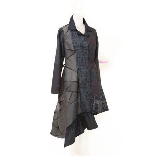 着物リメイク　大島紬シャツワンピース 着物リメイク＊大島紬シャツワンピース＊前開き パフスリーブ