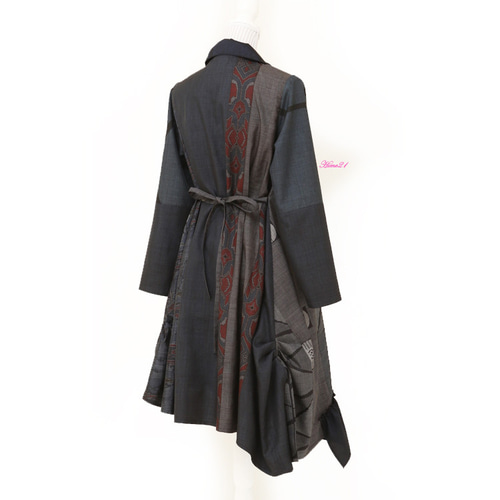 正絹大島紬着物リメイク8分袖前開きシャツロングワンピース 正絹大島紬着物リメイク8分袖前開きシャツロングワンピース 正絹