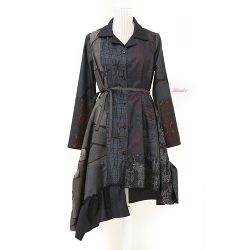 大島紬多種】個性派☆前後左右非対称の変形シャツワンピース