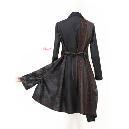 大島紬多種】個性派☆前後左右非対称の変形シャツワンピース