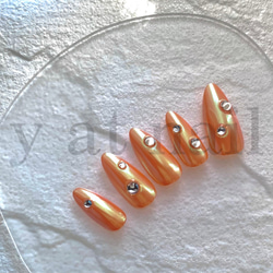 【片手(5本)】[Y012]ダイブ-サンセット-　ネイルチップ 韓国 ギャル ちゅるん オーロラ オレンジ キラキラ 2枚目の画像