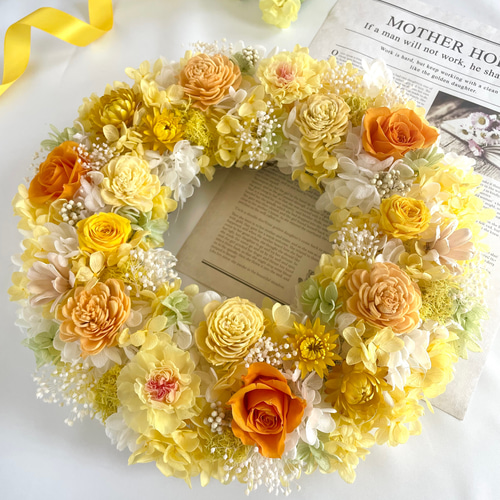 ミモザと貝殻草ドライフラワー母の日ビタミンカラーのハーフリース