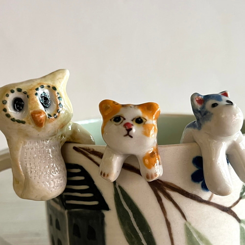 フクロウ フクロウ型陶器カップ 癒しの動物型カップ縁飾り_陶器カップ縁