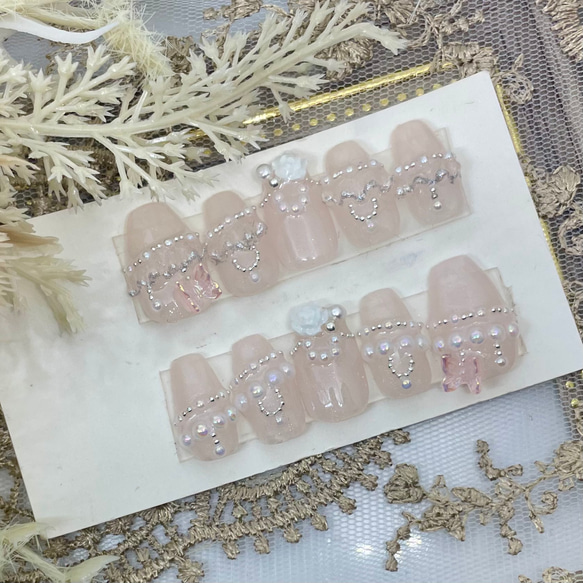 サイズオーダー♡ワンホンレースネイルチップ　ピンクベージュ size order nailtip 1枚目の画像