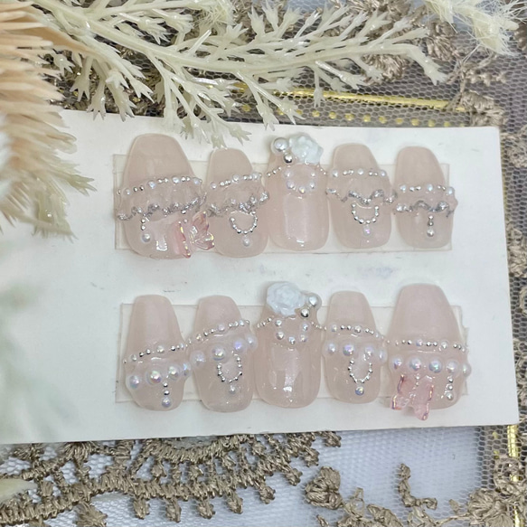 サイズオーダー♡ワンホンレースネイルチップ　ピンクベージュ size order nailtip 2枚目の画像