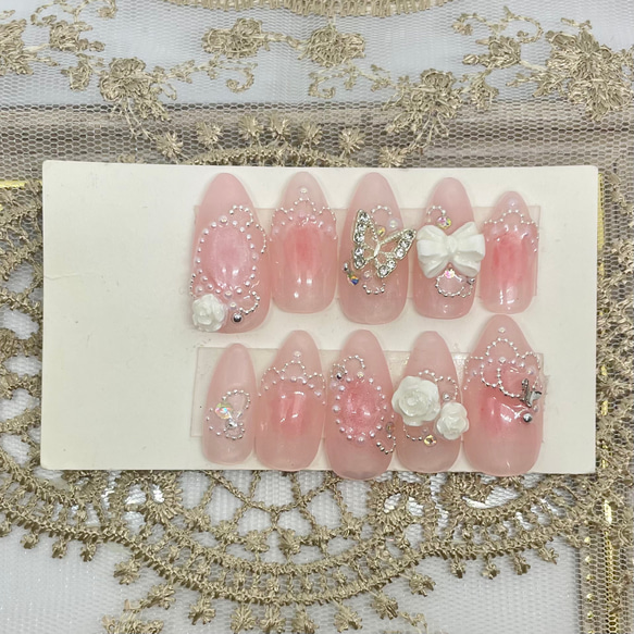 サイズオーダー♡うるうるガーリーチーク×ローズネイルチップ　ピンク size order nailtip 3枚目の画像