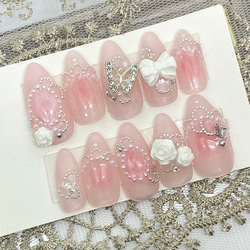 サイズオーダー♡ フリル× ハート×リボンネイルチップ ブルー