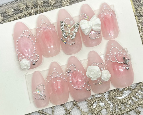 サイズオーダー♡うるうるガーリーチーク×ローズネイルチップ ピンク