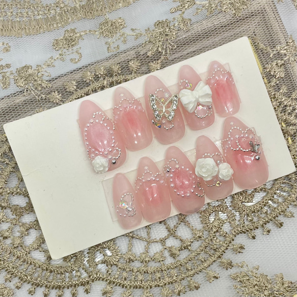 サイズオーダー♡うるうるガーリーチーク×ローズネイルチップ　ピンク size order nailtip 1枚目の画像