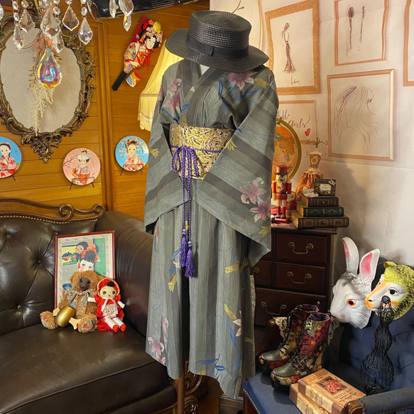 和洋折衷 綿 単衣着物 リメイク ワンピース ドレス 帯サッシュベルト レトロ 古着 和 モダン KW-357 4枚目の画像