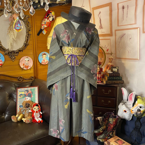 和洋折衷 綿 単衣着物 リメイク ワンピース ドレス 帯サッシュベルト レトロ 古着 和 モダン KW-357 3枚目の画像