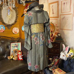 和洋折衷 綿 単衣着物 リメイク ワンピース ドレス 帯サッシュベルト レトロ 古着 和 モダン KW-357 5枚目の画像