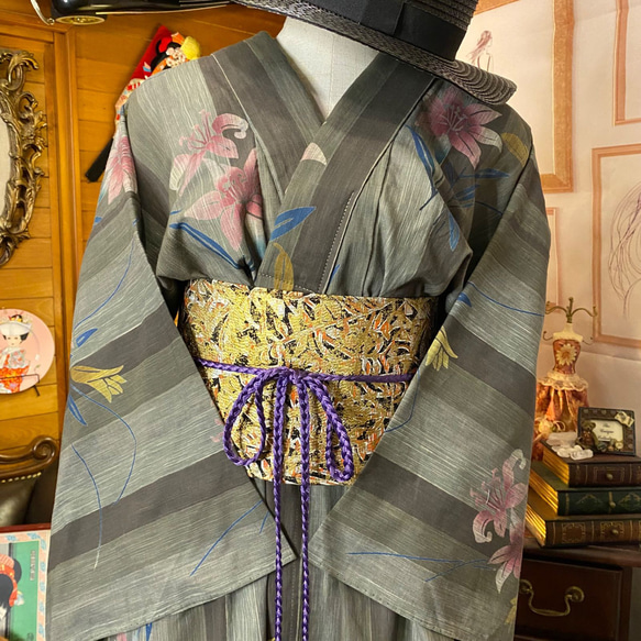 和洋折衷 綿 単衣着物 リメイク ワンピース ドレス 帯サッシュベルト レトロ 古着 和 モダン KW-357 2枚目の画像