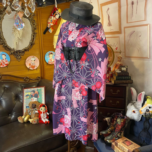 和洋折衷 浴衣 リメイク ワンピース ドレス 編み上げコルセットベルト