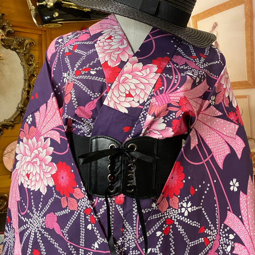浴衣ドレス リメイク品 和洋折衷 浴衣 リメイク ワンピース ドレス 帯サッシュベルト