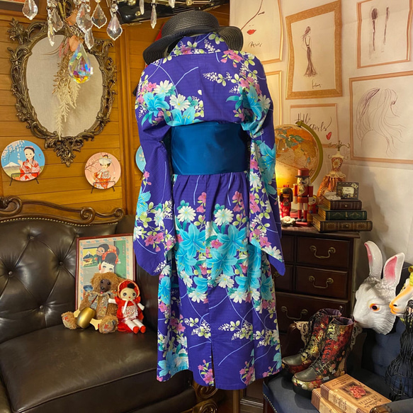 和洋折衷 浴衣 リメイク ワンピース ドレス 帯サッシュベルト レトロ 古着 和 モダン 素敵な花柄　W-247 5枚目の画像