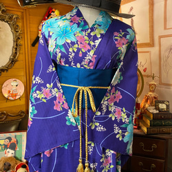 和洋折衷 浴衣 リメイク ワンピース ドレス 帯サッシュベルト レトロ 古着 和 モダン 素敵な花柄　W-247 2枚目の画像