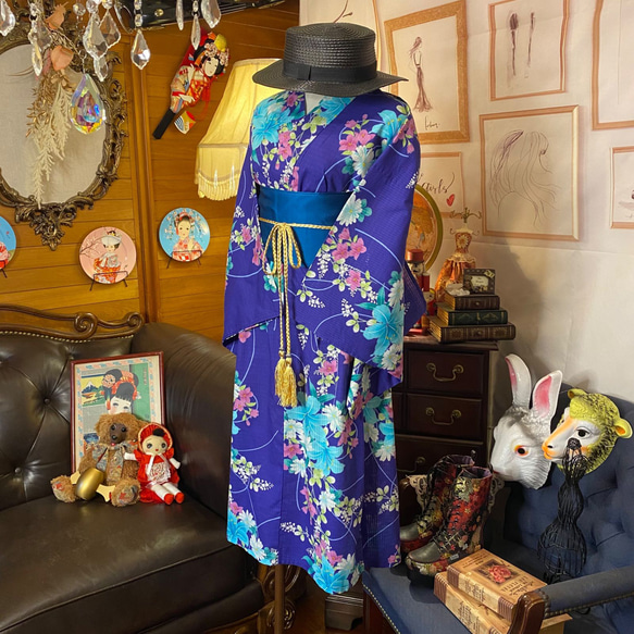 和洋折衷 浴衣 リメイク ワンピース ドレス 帯サッシュベルト レトロ 古着 和 モダン 素敵な花柄　W-247 4枚目の画像