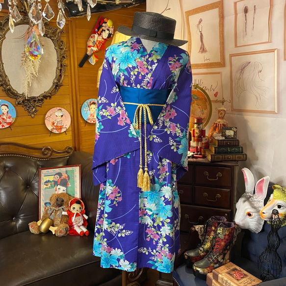 和洋折衷 浴衣 リメイク ワンピース ドレス 帯サッシュベルト レトロ 古着 和 モダン 素敵な花柄　W-247 3枚目の画像