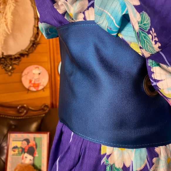 和洋折衷 浴衣 リメイク ワンピース ドレス 帯サッシュベルト レトロ 古着 和 モダン 素敵な花柄　W-247 10枚目の画像
