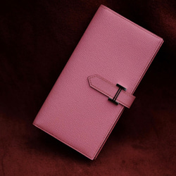 ベルト付き長い財布　ヴォーエプソン革/ピンク　手縫い商品 1枚目の画像