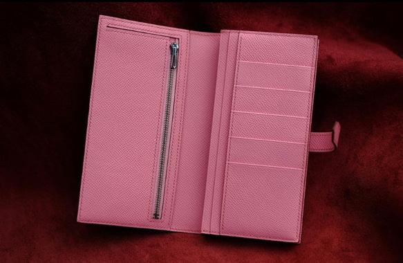 ベルト付き長い財布　ヴォーエプソン革/ピンク　手縫い商品 3枚目の画像