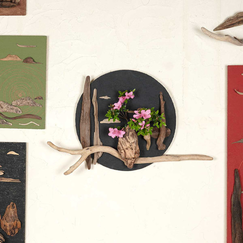 流木で描く山水画（M size）流木アート、壁装飾、円形 ＃5 絵画 金澤