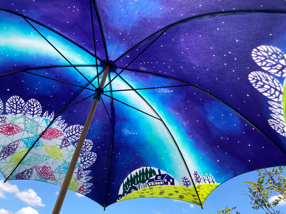 【再販受注】大きめ 絵本みたいなパラソル  ＊型染めの晴雨兼用傘＊ 7枚目の画像