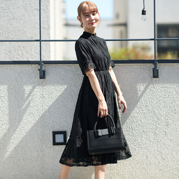 Morino Gakko 全蕾絲短袖正式一件式連身裙 [黑色] 婚禮邀請函、追悼會、典禮場合 第2張的照片