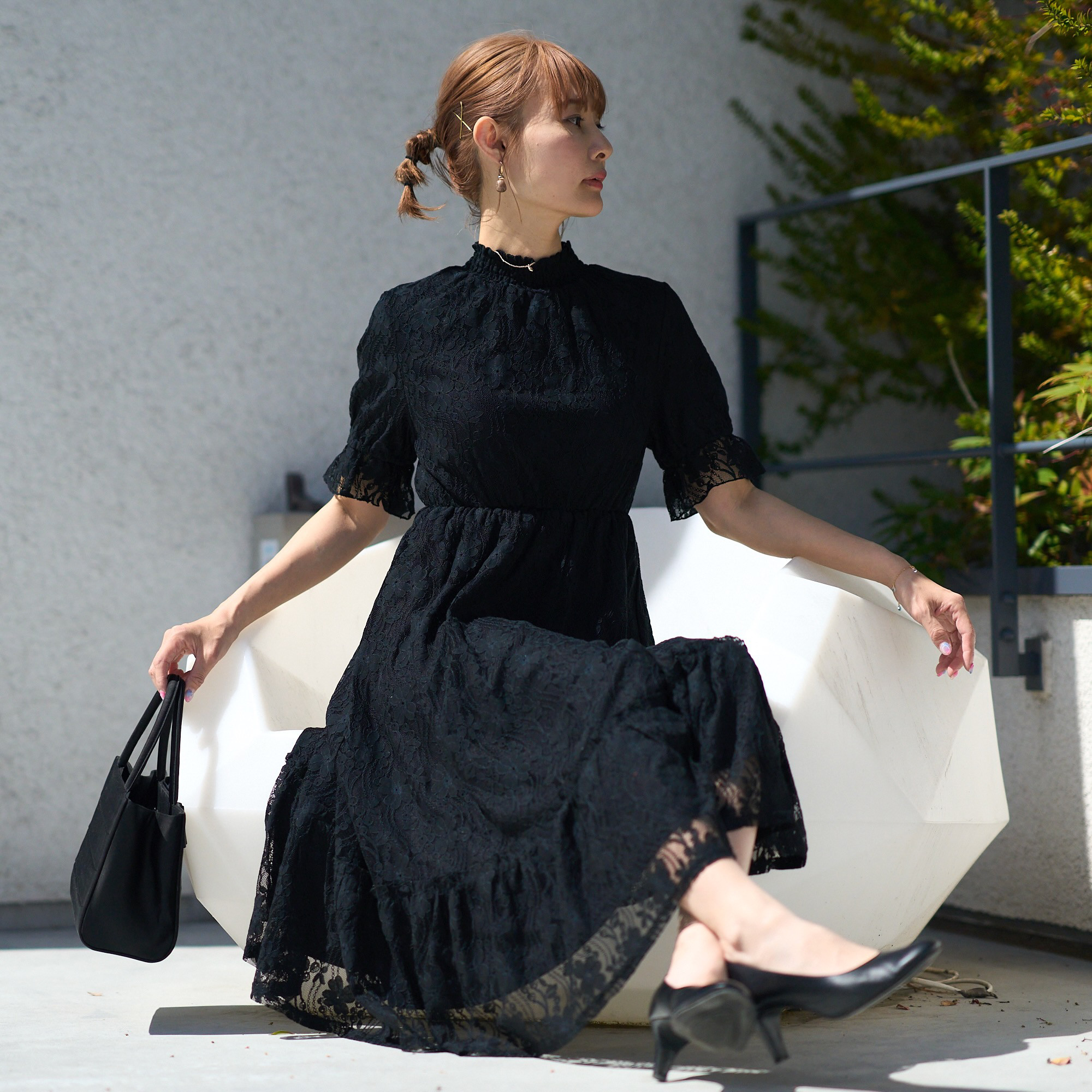 ﾓﾘﾉｶﾞｯｺｳ 総レース半袖フォーマルワンピースドレス【ブラック】結婚式お呼ばれ 法事 冠婚葬祭｜mg-op17-bk