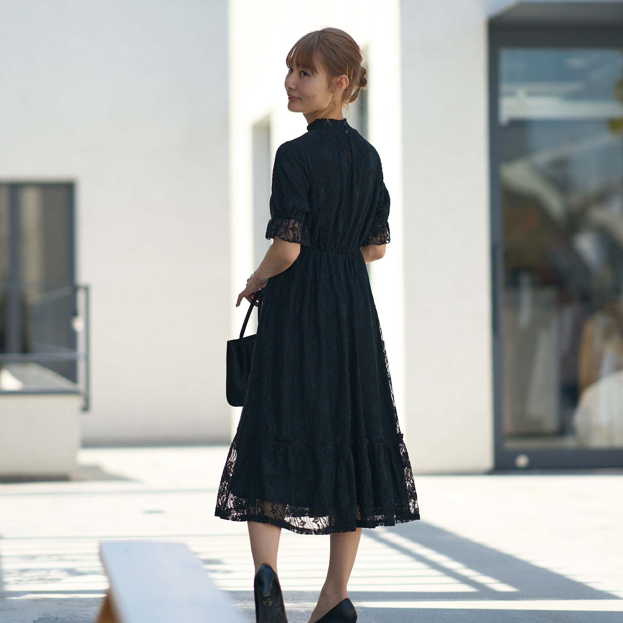 ﾓﾘﾉｶﾞｯｺｳ 総レース半袖フォーマルワンピースドレス【ブラック】結婚式お呼ばれ 法事 冠婚葬祭｜mg-op17-bk